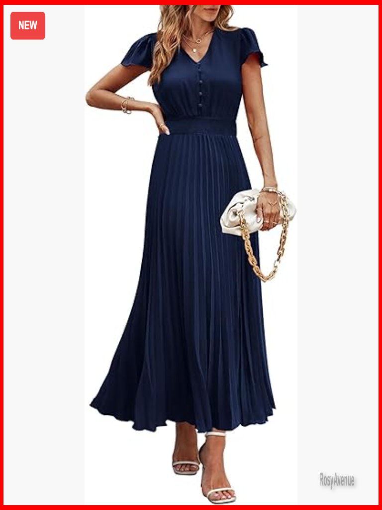 V-Neck Maxi Dress With Cap Sleeves, Pleated, High Waist, Summer Casual